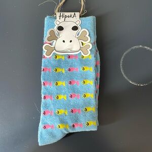 New Hipoka  Crew Socks Pink & Yellow Fish